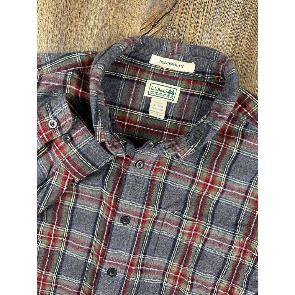 LL Bean Men's Large Flannel Shirt Western Brush Popper‎ Plaid Cotton
